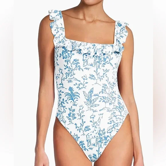 Lilly Pulitzer Aemma Ruffle One-Piece Swimsuit Resort White Tall Tales" print. - Picture 2 of 10